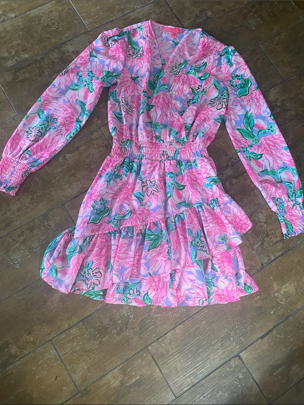 Lilly Pulitzer Pink Floral Tiered Long-Sleeve Dress with Green Accents. Size 2.